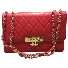 Chanel Red Quilted Lambskin Leather Golden Class Shoulder Flap Bag