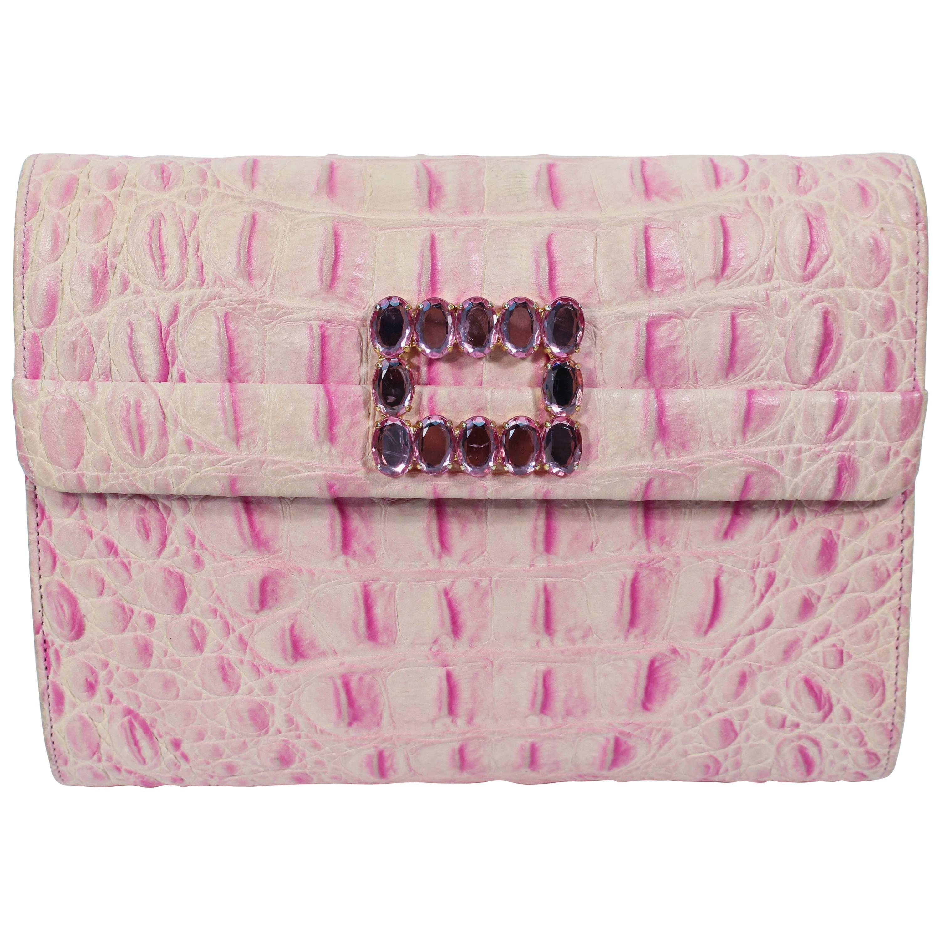 ANDREA PFISTER Pink & White Faux Crocodile Embossed Leather Clutch w/ Rhinestone