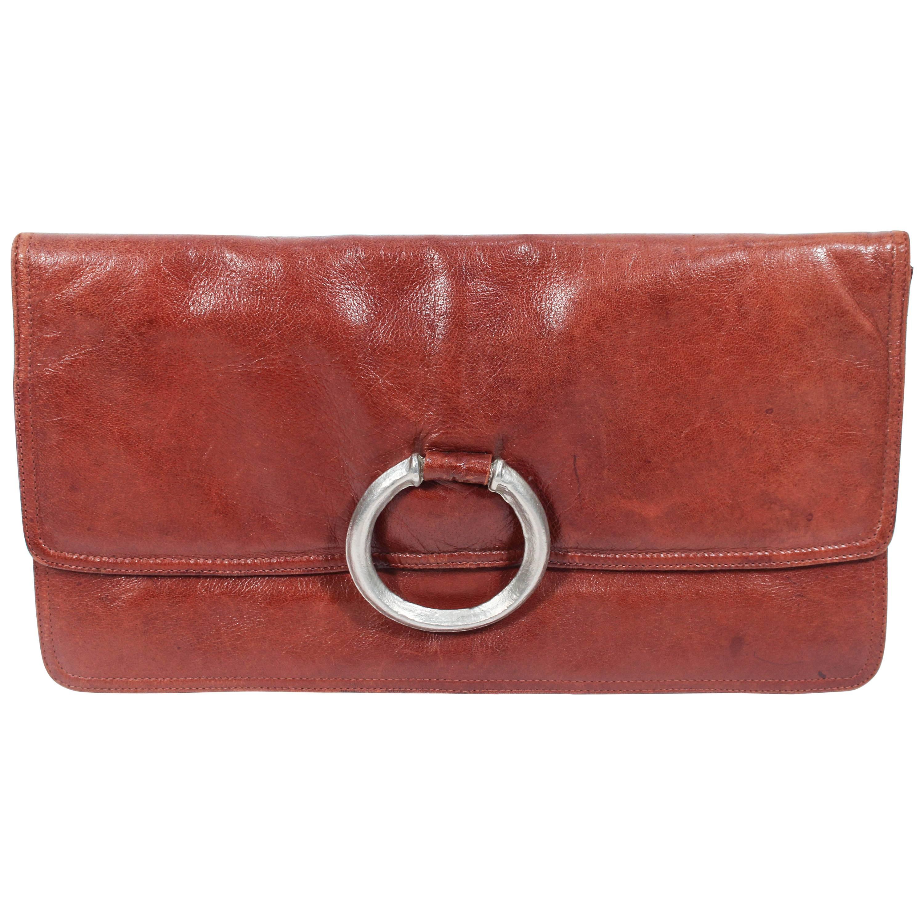 BOTTEGA VENETA Vintage Cognac Leather Clutch with Silver Ring Detail