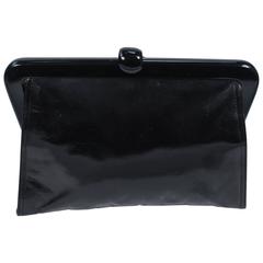 BOTTEGA VENETA Vintage Black Polished Calfskin Clutch with Latch Clasp