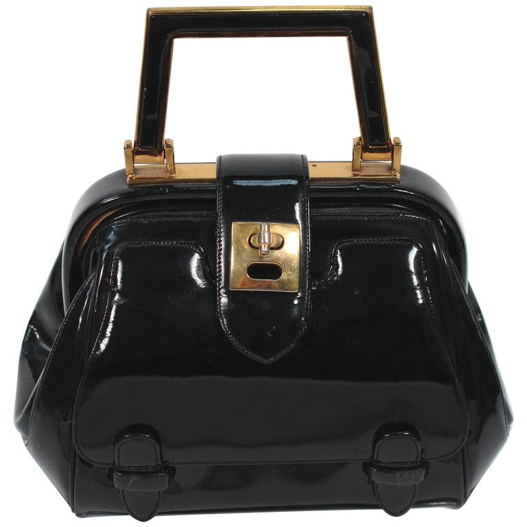 JUDITH LEIBER Vintage Rare 1960's Black and Gold Patent Leather Petite Purse  For Sale