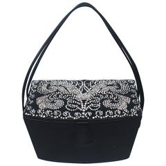 JOSEF Vintage 1950's Navy Satin Evening Purse with Rhinestone Design Pen Wallet 8