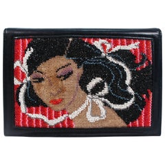 Vintage Black Leather Portrait Art Beaded Clutch with Optional Gold Chain
