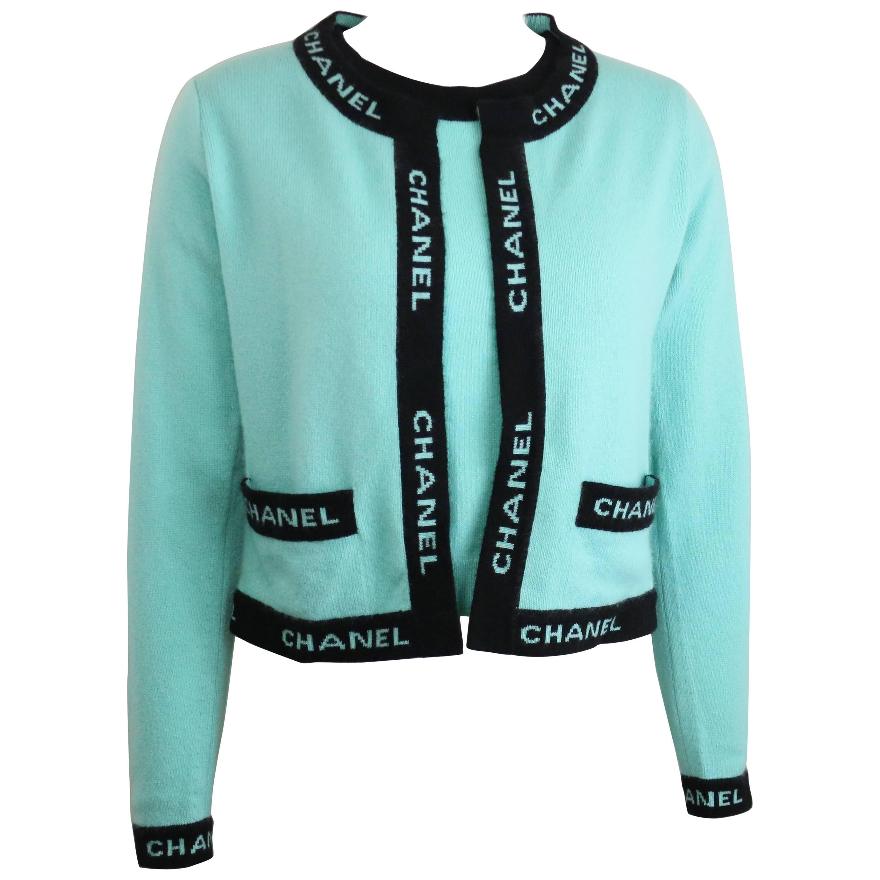 Chanel Turquoise Cashmere Black "Chanel" Piping Trim Twin-Sets