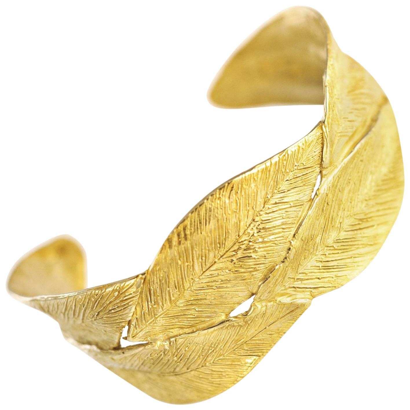 Double Leaves Gold-Plated Bronze Cuff Bracelet For Sale