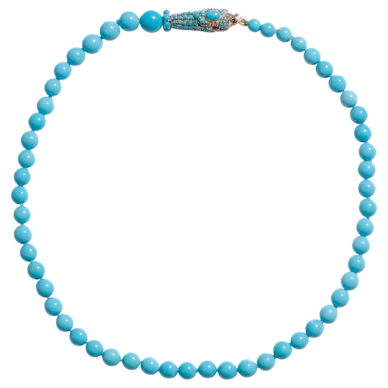 Eine königliche, riesige, 17 Zoll lange, handgefertigte Halskette mit extrem seltenen und reinen, unbehandelten Dornröschen-Türkisen, natürlichen Diamanten und echten Rubinen. Dieses Collier besteht aus feinen Robinson Egg Blue Türkisen aus der