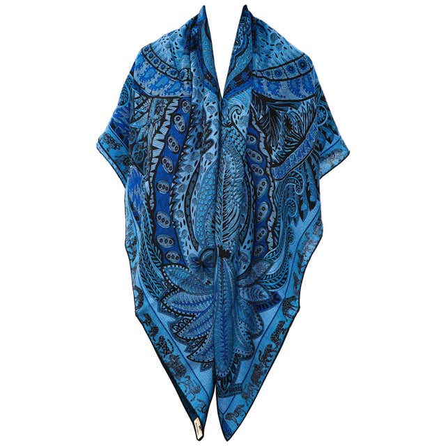 Hermes Mughal Garden and Nature Blue Cashmere Silk Shawl Scarf GM at ...