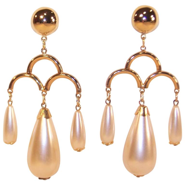 1970's Large Pearl Dangle Chandelier Earrings For Sale at 1stDibs