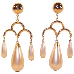 Retro 1970's Large Pearl Dangle Chandelier Earrings