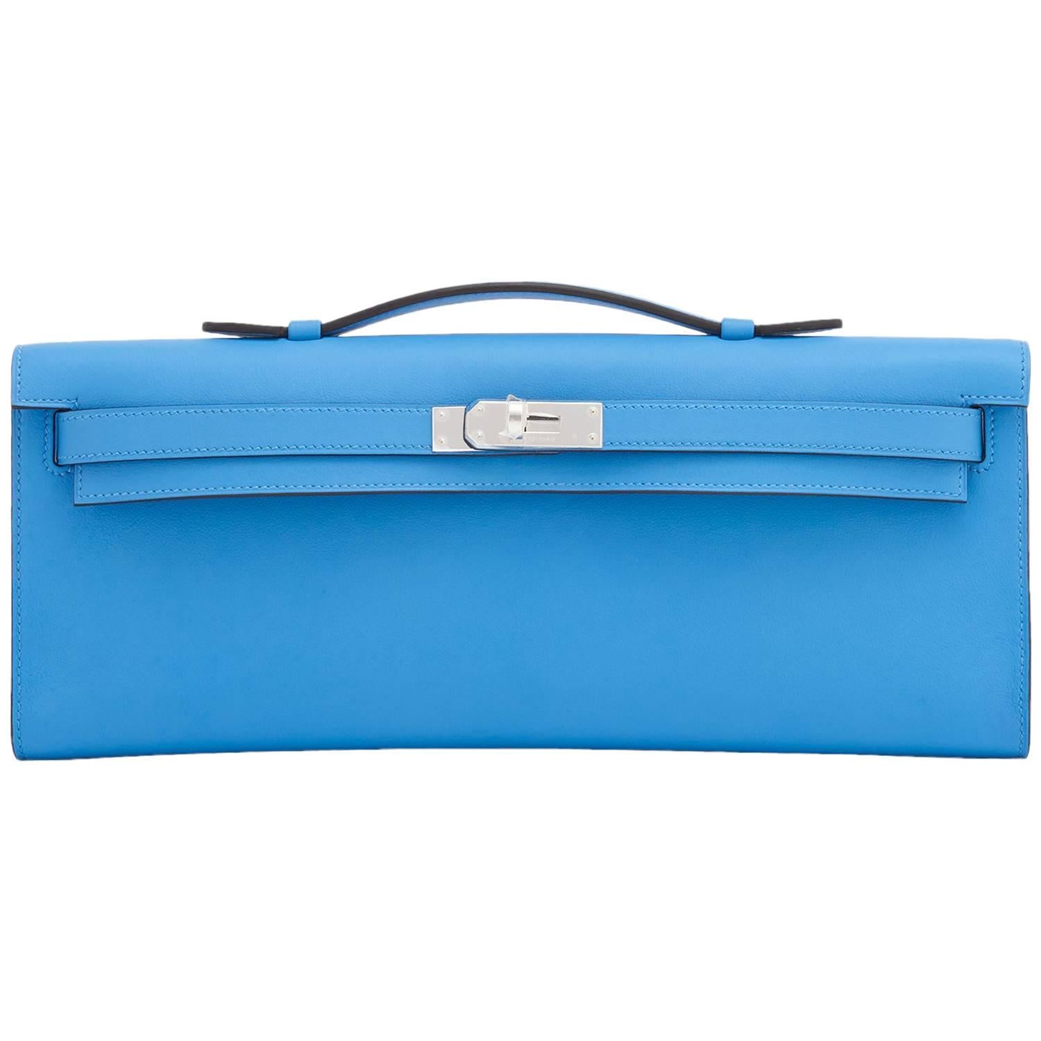 Hermes Blue Paradise Kelly Cut Swift Palladium Pochette Clutch Bag 