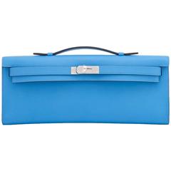 Hermes Blue Paradise Kelly Cut Pochette Clutch Bag Swift Palladium Summer 2