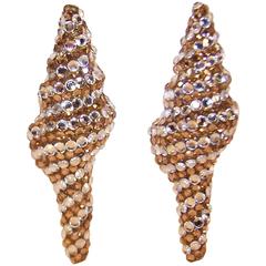 Glamorous 1980's Pave Crystal Nautilus Clip On Earrings