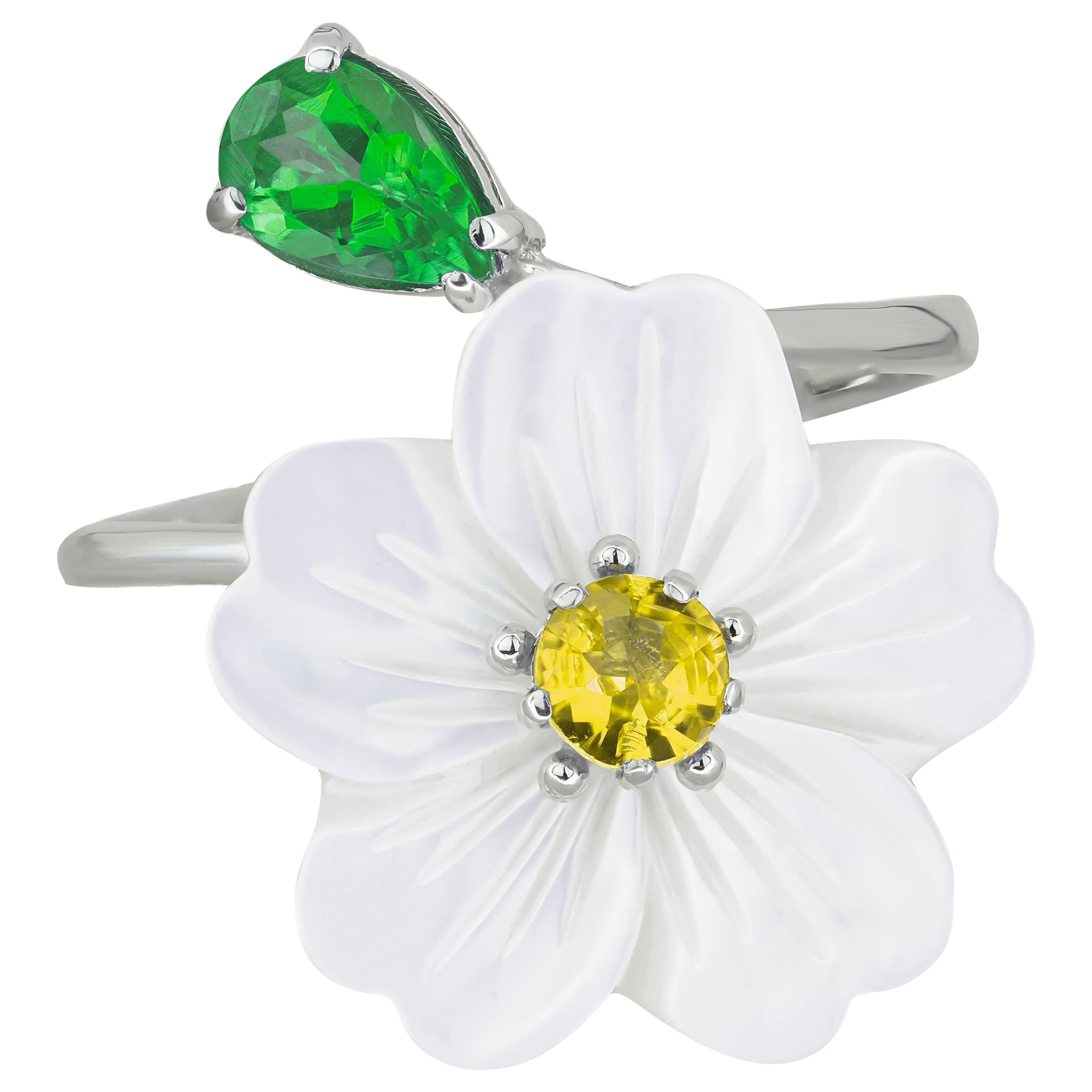 Carved Flower 14k ring with gemstones
