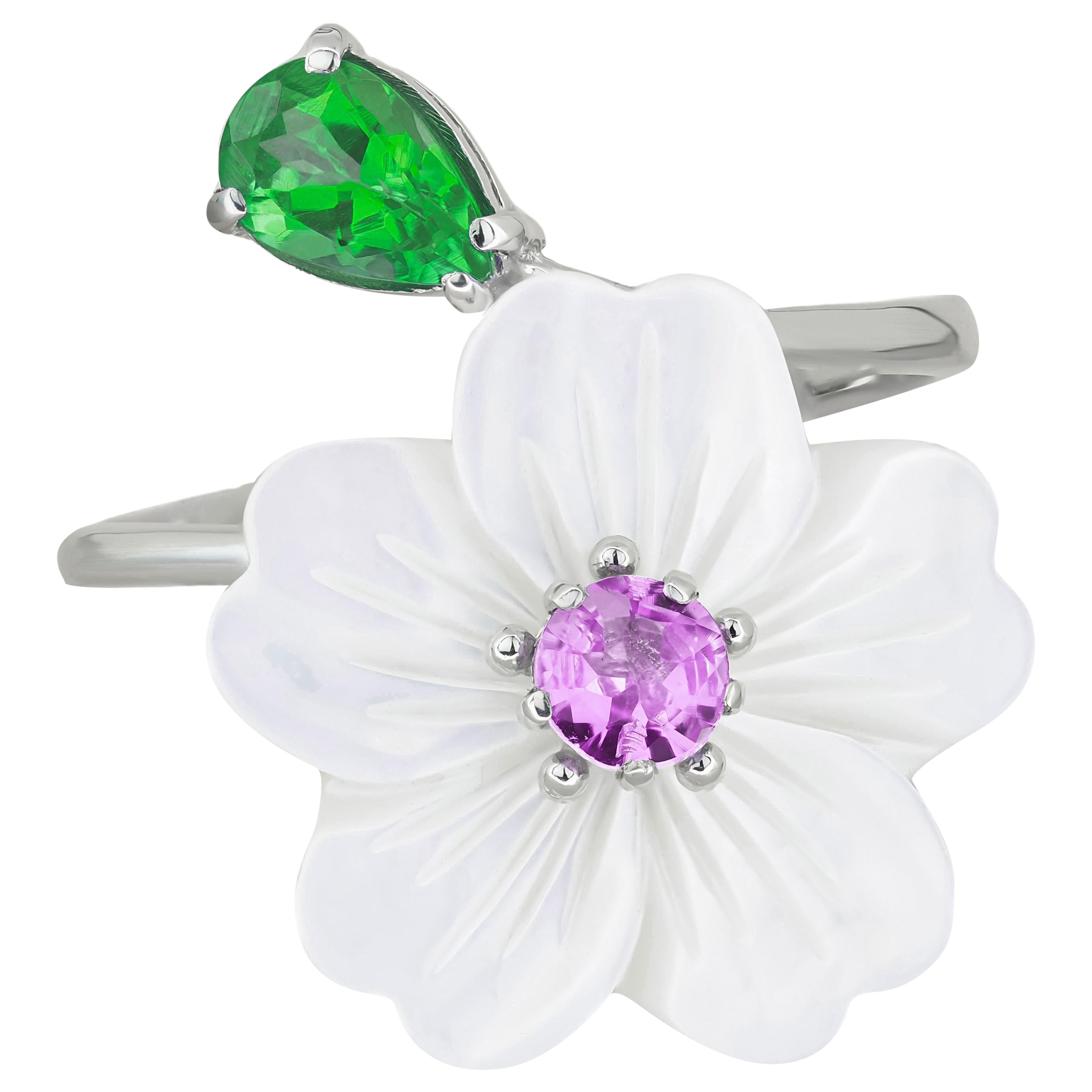 Carved Flower 14k ring with gemstones