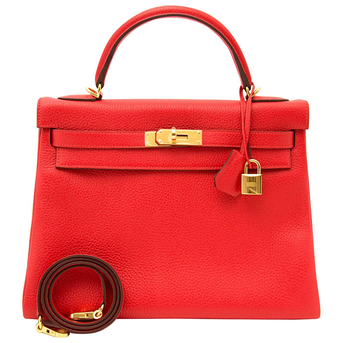 BRAND NEW Hermes Kelly Clemence Taurillon Rouge Tomate 32 