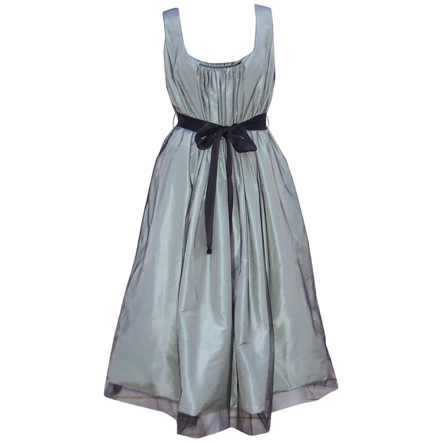 C.2000 Oscar de la Renta Sage Green Taffeta Dress With Black Tulle Overlay 