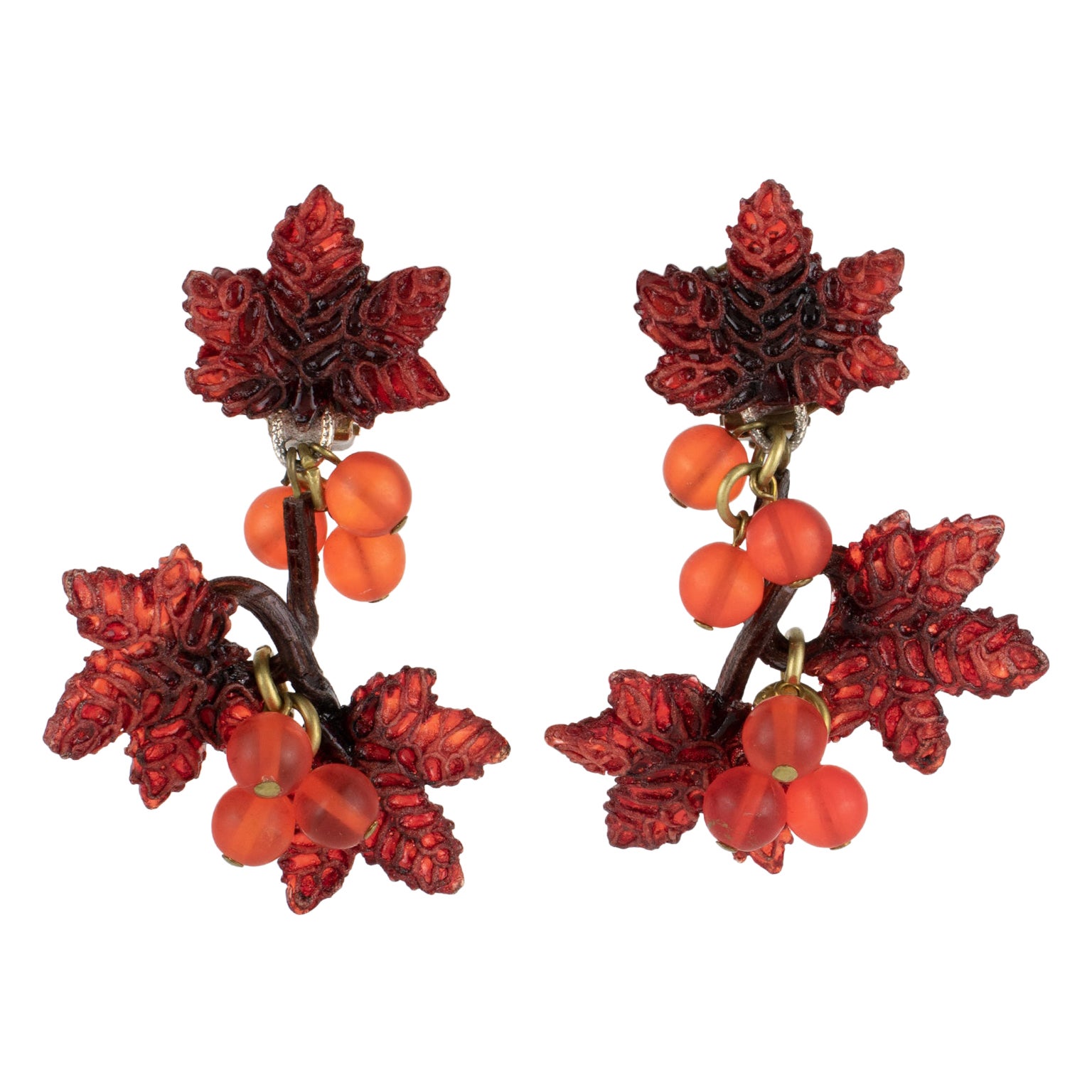 Francoise Montague by Cilea Resin Clip Earrings Rust Vine Leaves and Grape For Sale