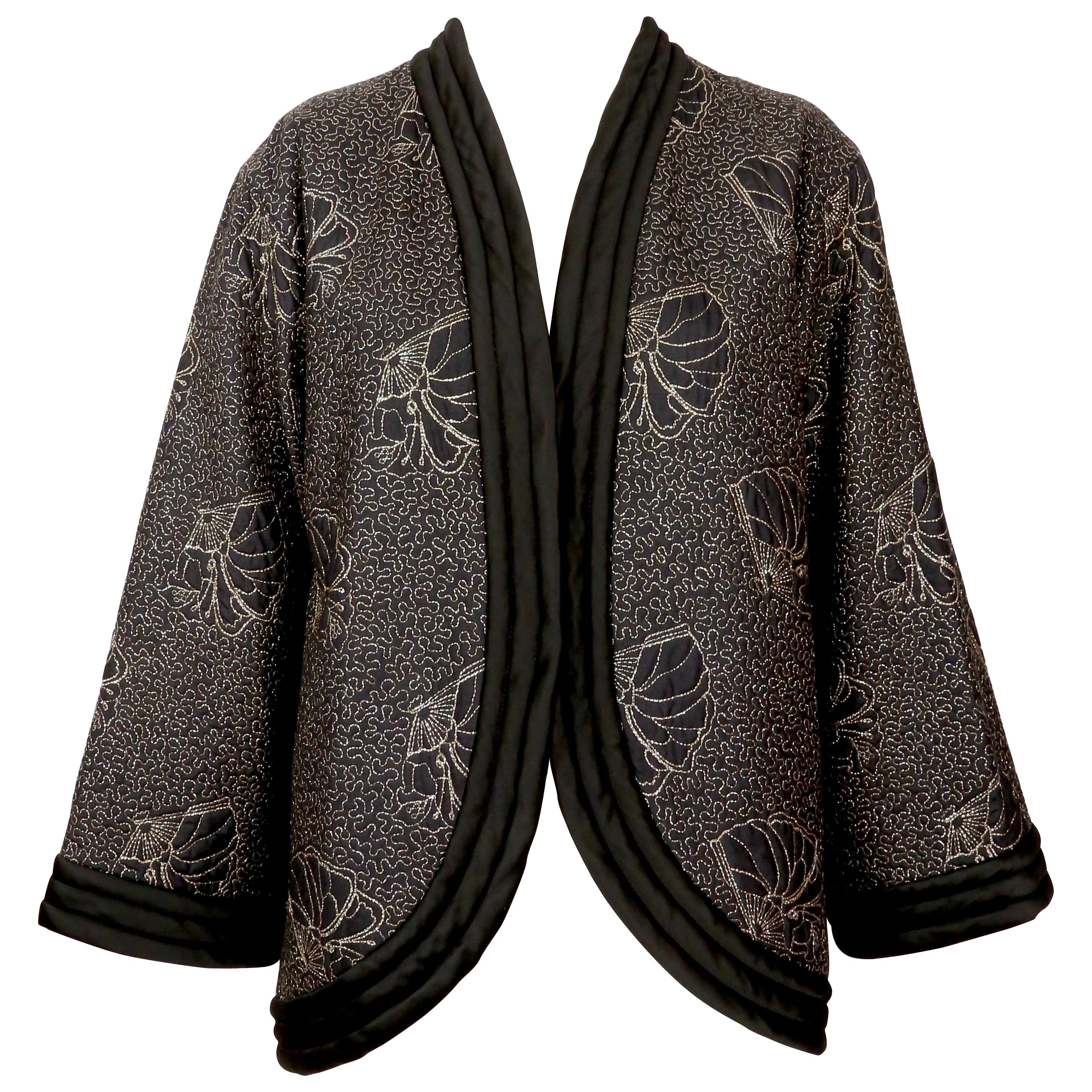 1979 YVES SAINT LAURENT black satin kimono jacket with gold seashell embroidery For Sale