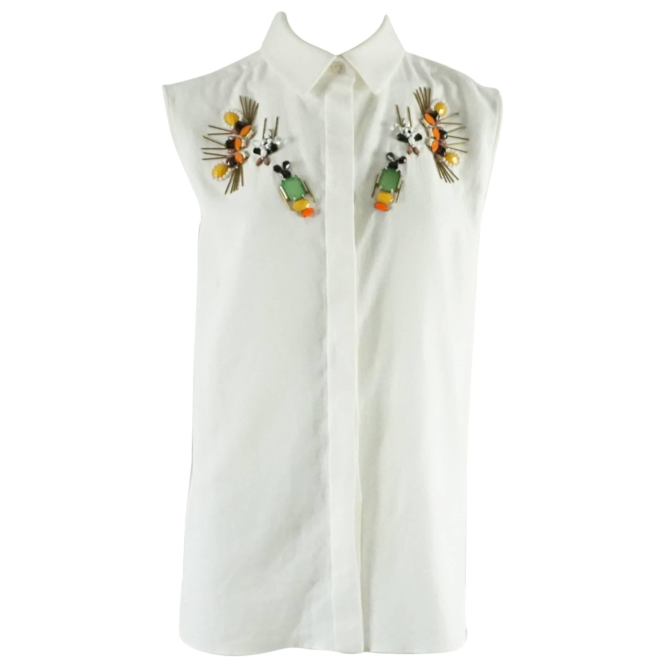 Stella McCartney White Cotton Pique Shirt with Stone Embellishment - 40 - NWT