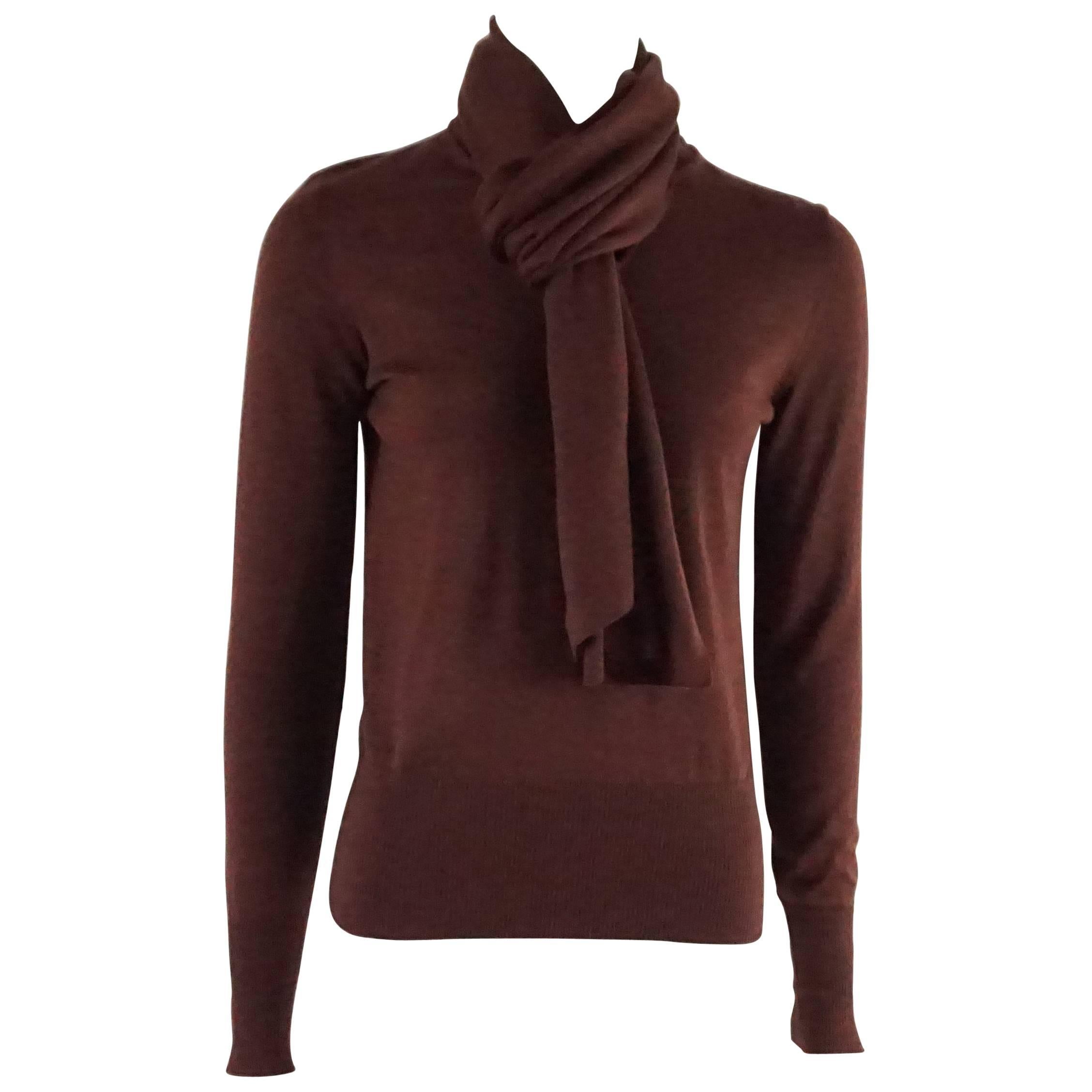 Hermes Burgundy Cashmere Sweater with Attached Scarf - 40 