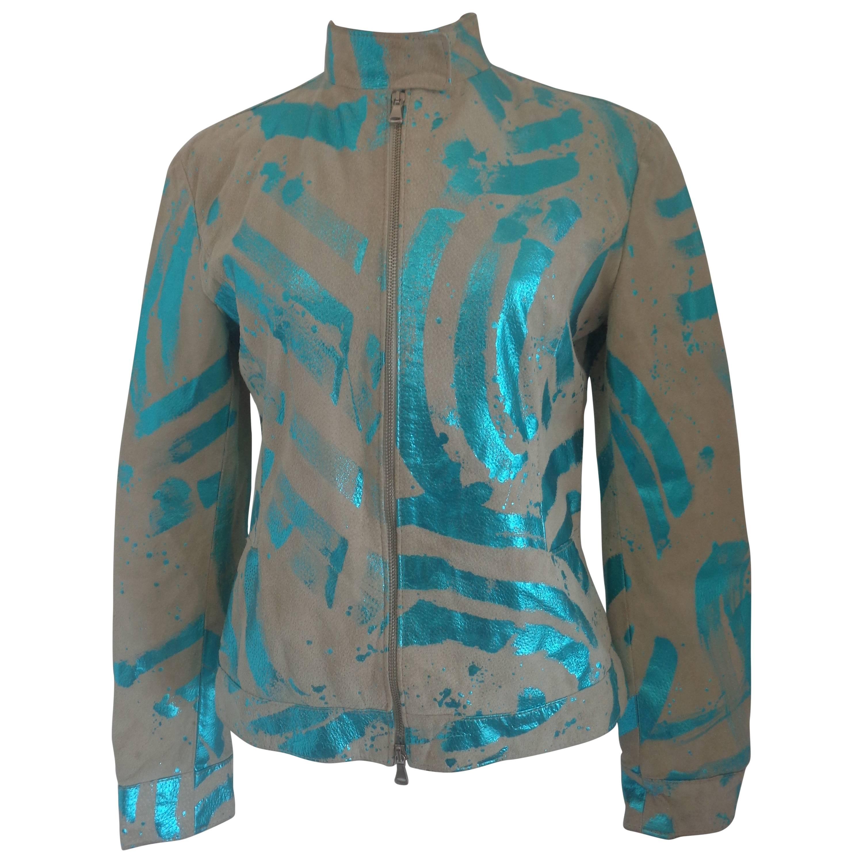 Vintage Beije Turquoise print Leather Jacket