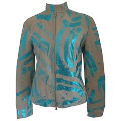 Vintage Beije Turquoise print Leather Jacket