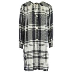 Celine Black and White Window Pane Print Silk Shirt Dress - M - 1980's