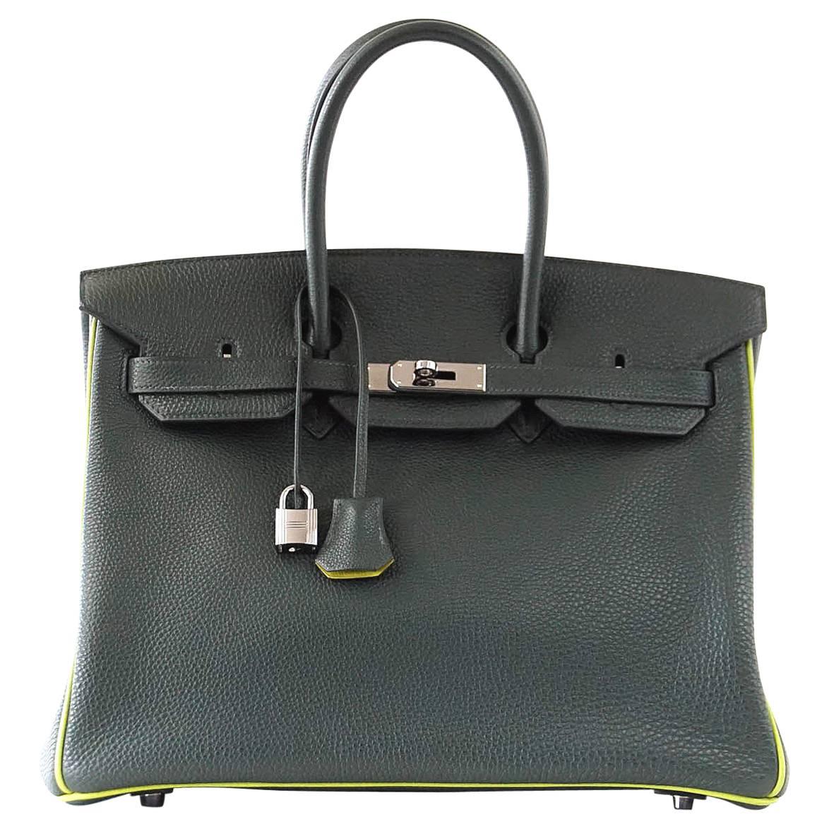 Hermes Birkin 35 Bag Vert Fonce Anis Piping Chartreuse Interior Ruthenium Togo