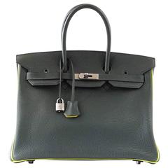 HERMES BIRKIN 35 Bag Vert Fonce Anis Piping Chartreuse Interior Ruthenium Togo 11