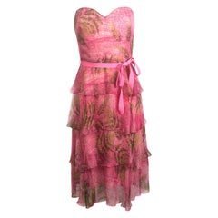 OSCAR DE LA RENTA Seide trägerloses rosa Midikleid mit Gürtel Größe 6