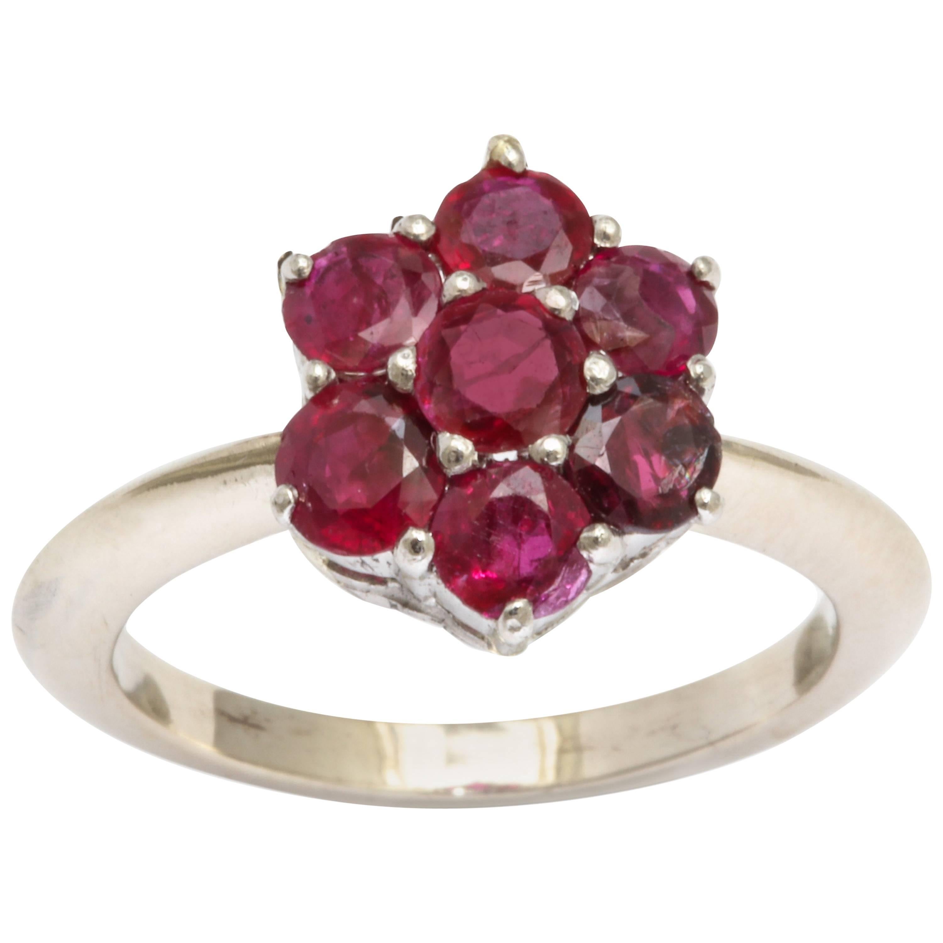 Ruby White Gold and Platinum Flower Ring For Sale