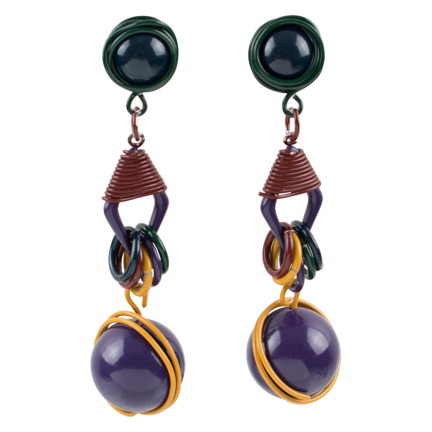 Space Age Futuristic Multicolor Wired Dangle Clip Earrings