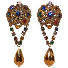 Regal 1950's Ornate Antiqued Gold & Color Rhinestone Dangle Earrings