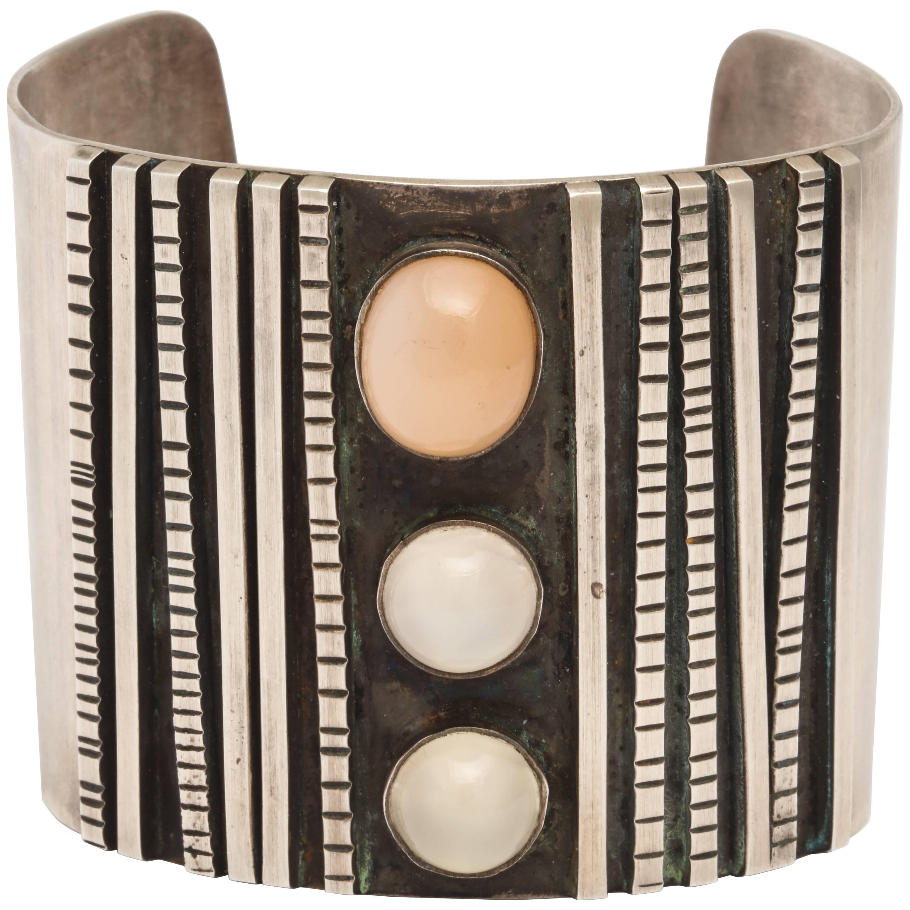 Sterling Silver Cuff with Moonstone Cabochon Decorations 