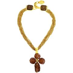 Chanel Vintage Rare Cognac Gripoix Gold Cross Charm Evening Necklace in Box 10