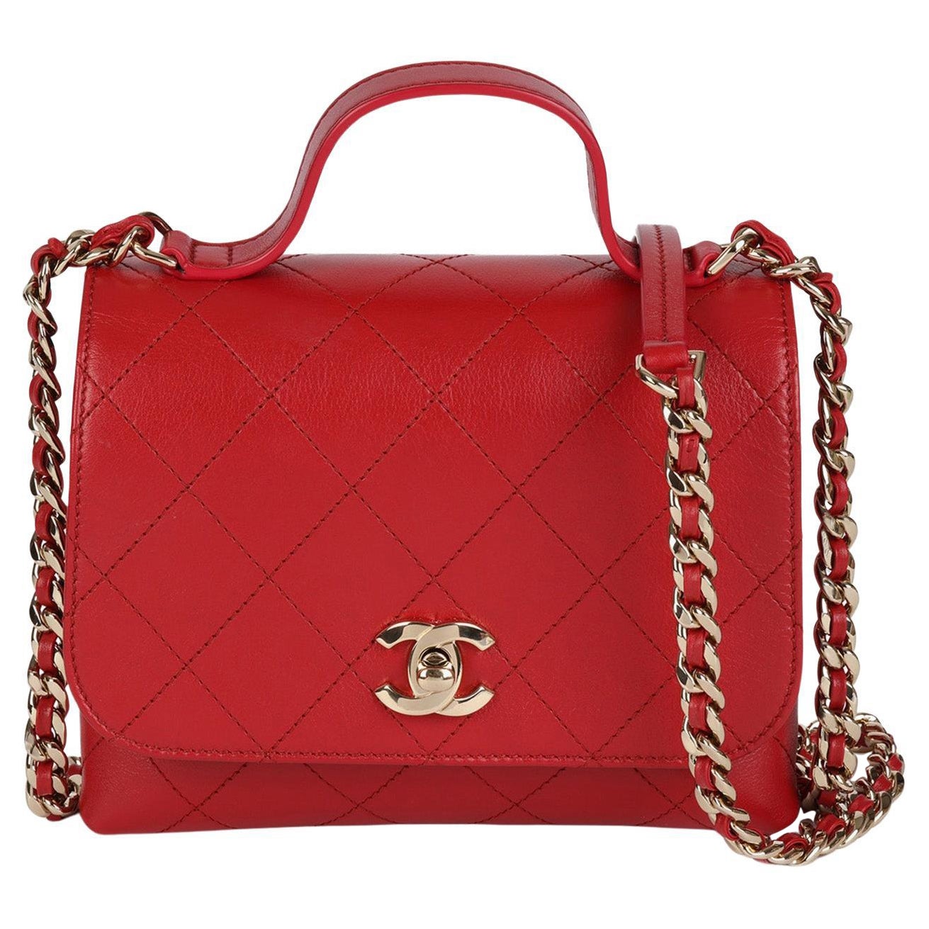 Chanel Red Quilted Lambskin Small Double Pocket Top Handle Flap Bag For Sale