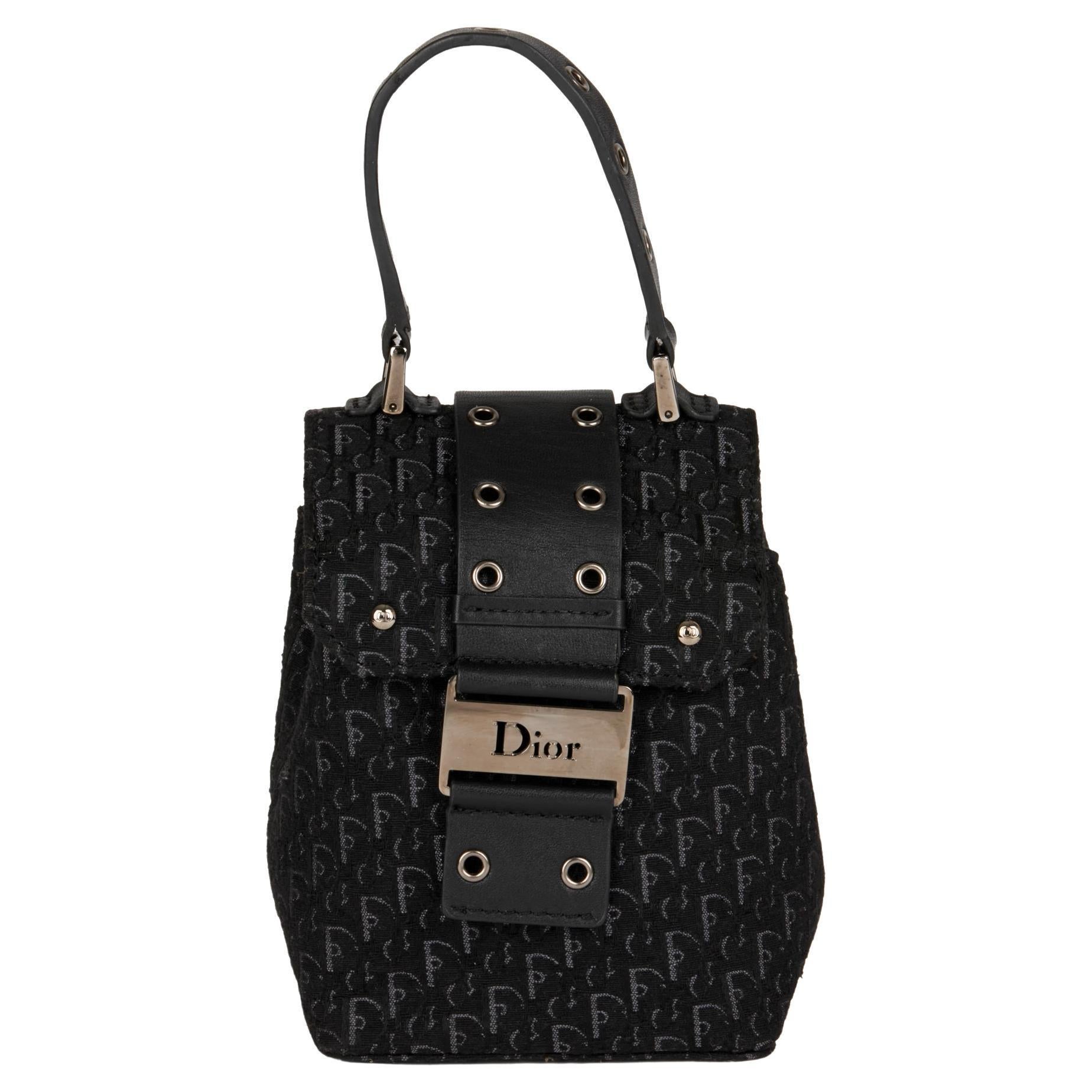 CHRISTIAN DIOR Black Monogram Canvas & Calfskin Leather Top Handle Box Bag