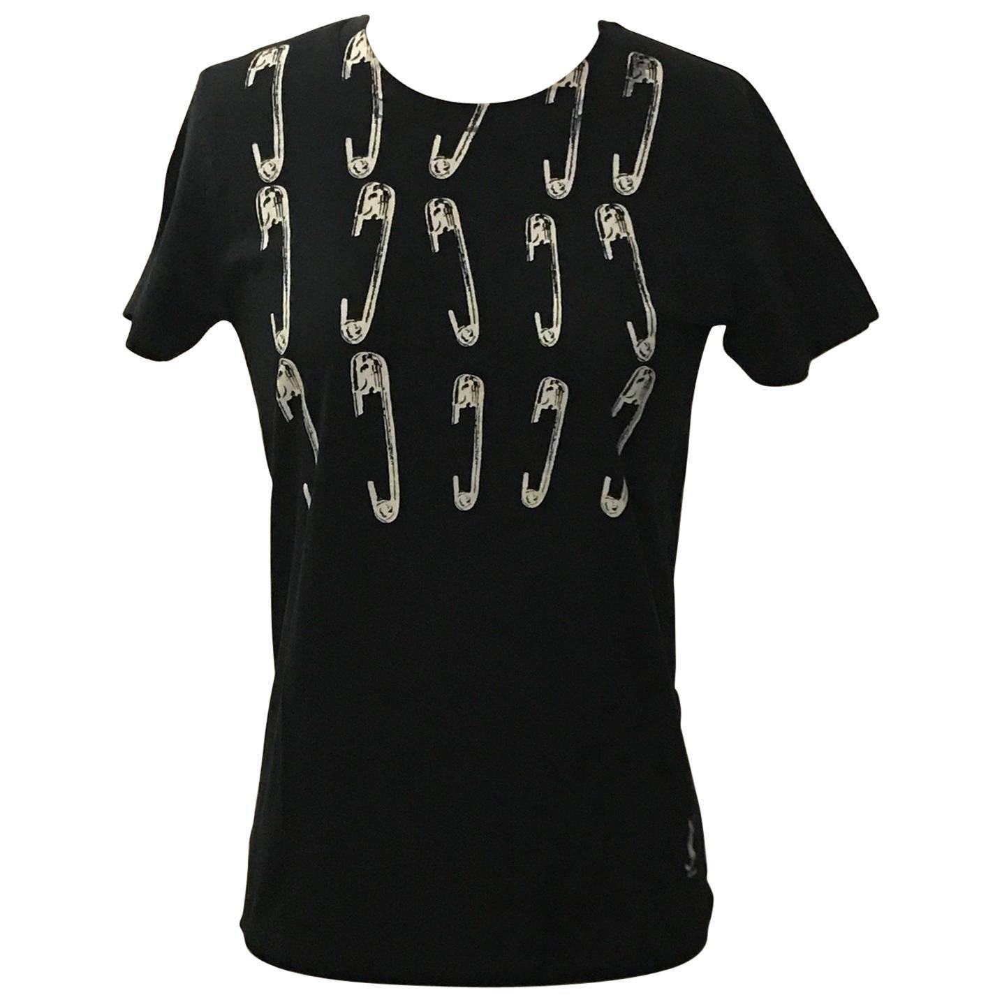 Yves Saint Laurent Black and White Safety Pin Screenprint YSL logo T-shirt