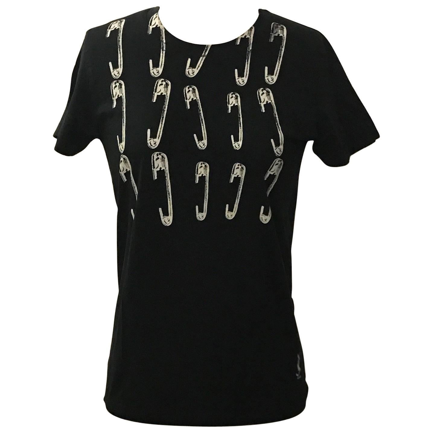 Yves Saint Laurent Black and White Safety Pin Screenprint YSL logo T-shirt 