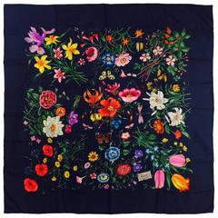 Gucci Navy Silk Twill Scarf With Garden Floral Motif 8