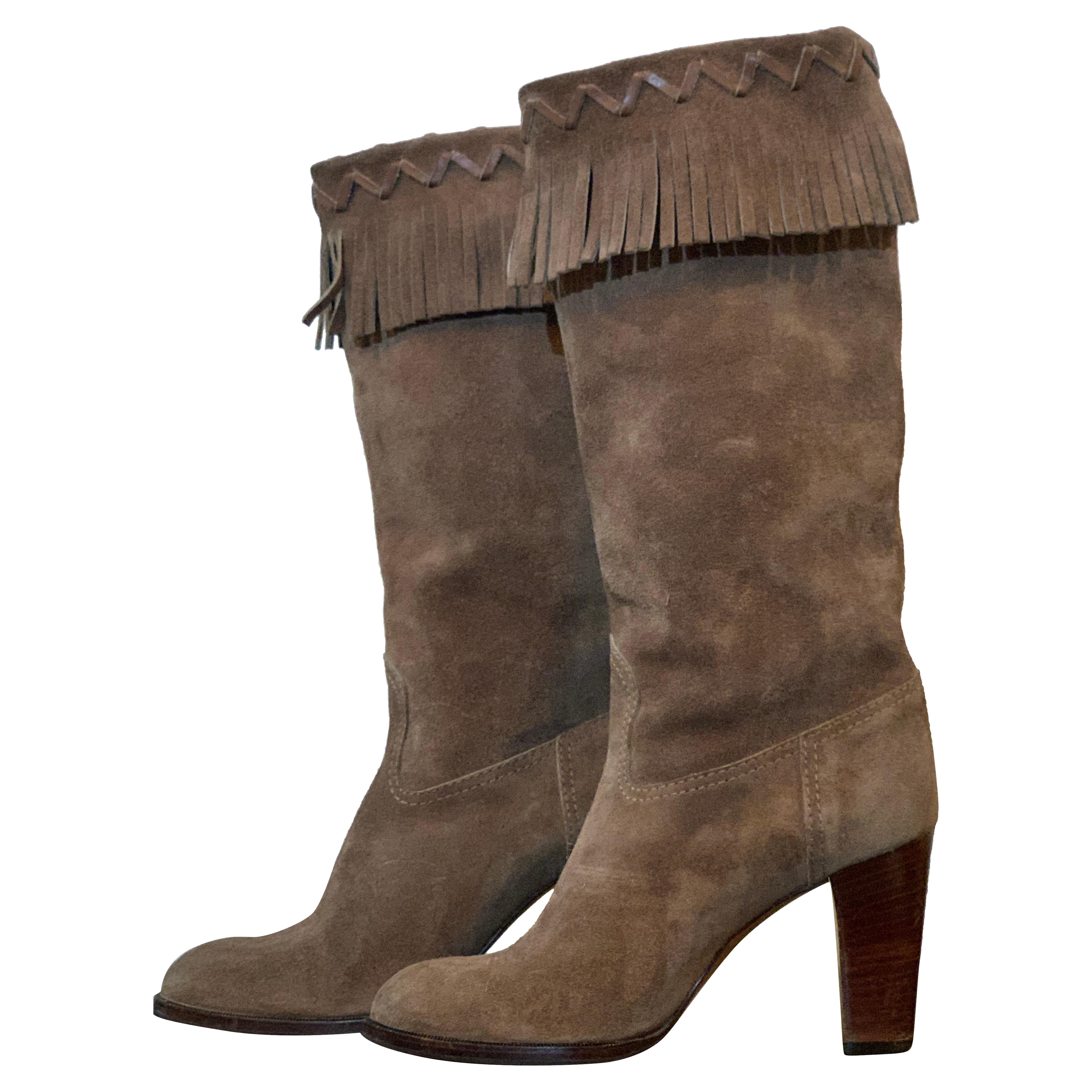 1980s Yves Saint Laurent Taupe Suede Fringed Mid Calf Boots w Stacked Heel