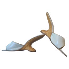 1950s Punchinello White Leather Slides w Sculpted Cantilever Wooden Heel