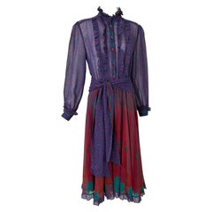 Louis Feraud, robe chemise à manches longues et ceinture en voile de coton imprimé mixte, années 1970