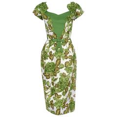 1950's Jeanette Alexander Green-Roses Floral Print Cotton Applique Wiggle Dress