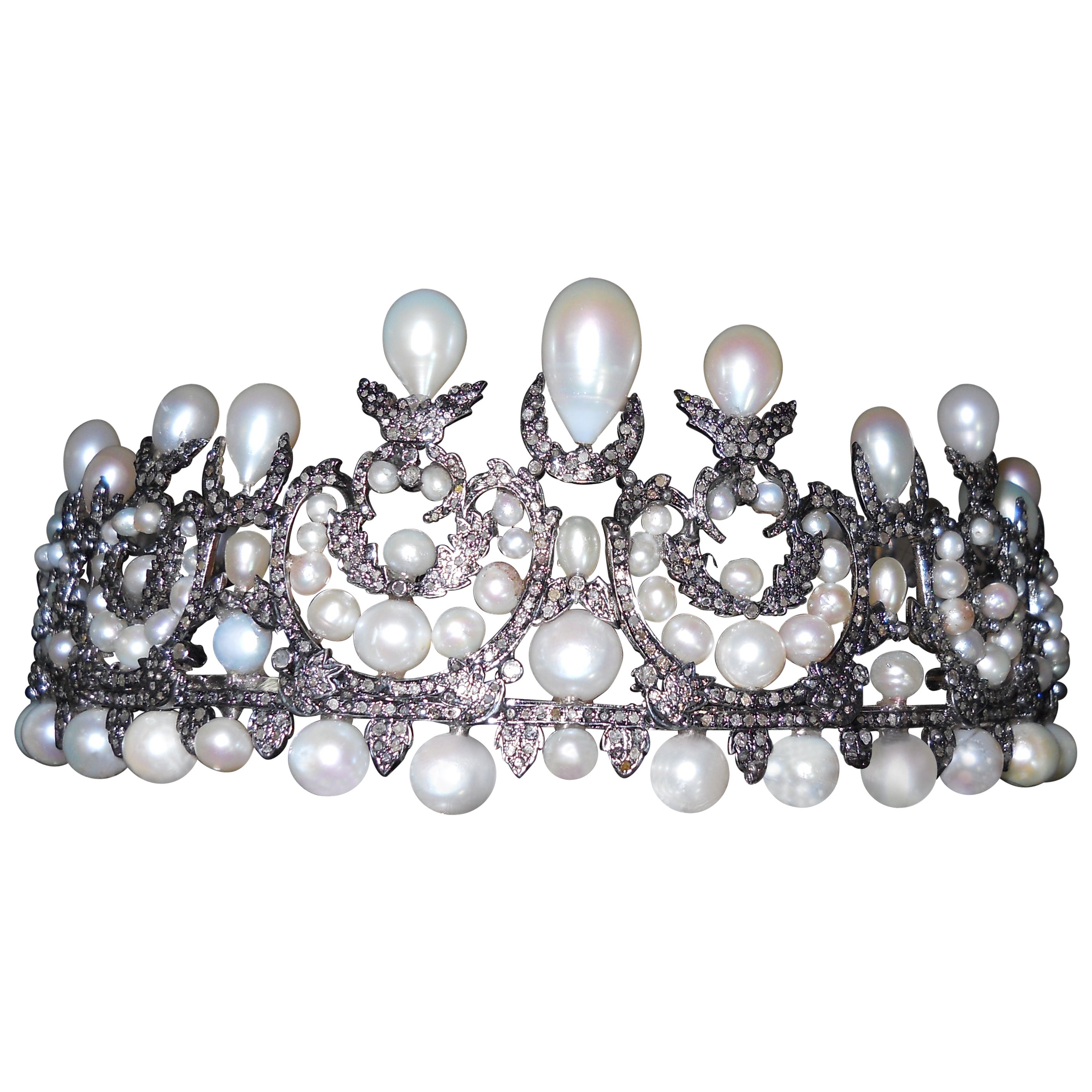 Diamanti naturali certificati Perle a goccia Tiara in argento sterling Fascia di accessori per la testa in vendita