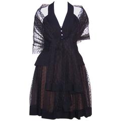 Vintage 1980's Pauline Trigere Black Linen & Swiss Dot Tulle Halter Dress & Wrap