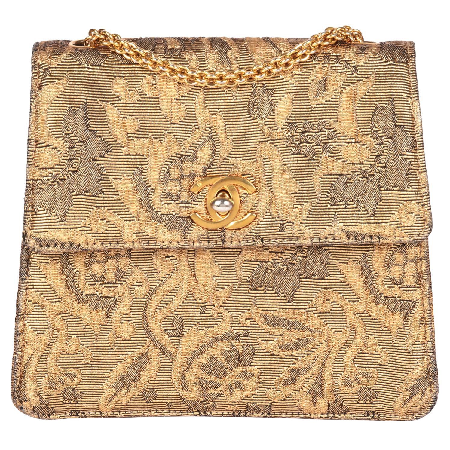 CHANEL Gold Metallic Floral Woven Jacquard Vintage Mini Flap Bag