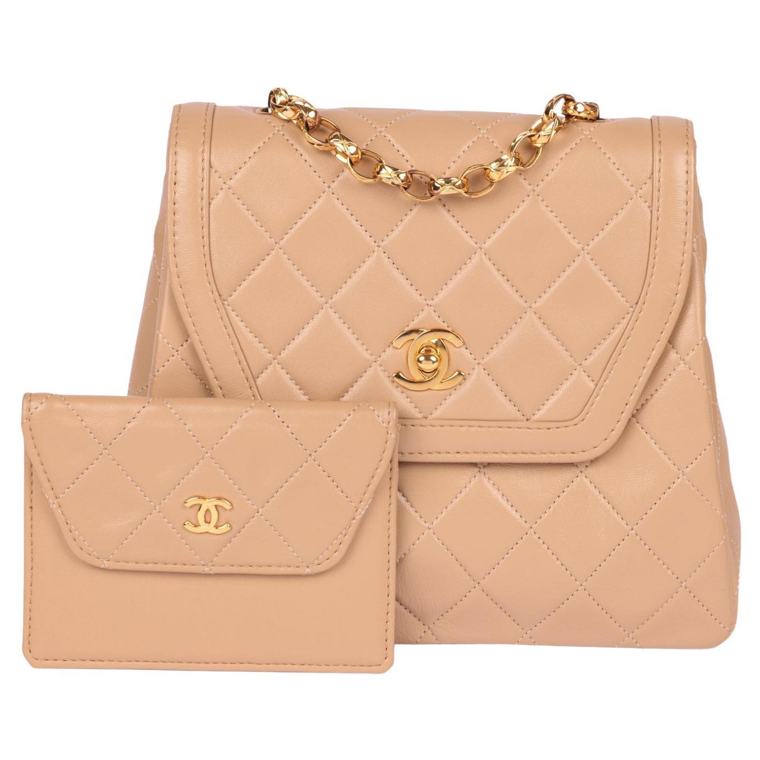 CHANEL Beige Quilted Lambskin Vintage Mini Flap Bag with Wallet For Sale