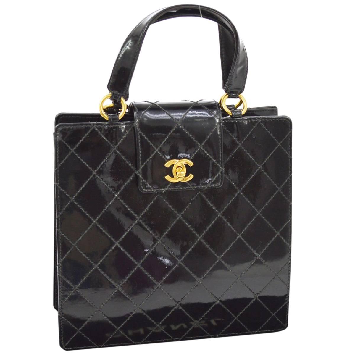 Chanel Vintage Black Patent Leather Top Handle Satchel Evening Bag