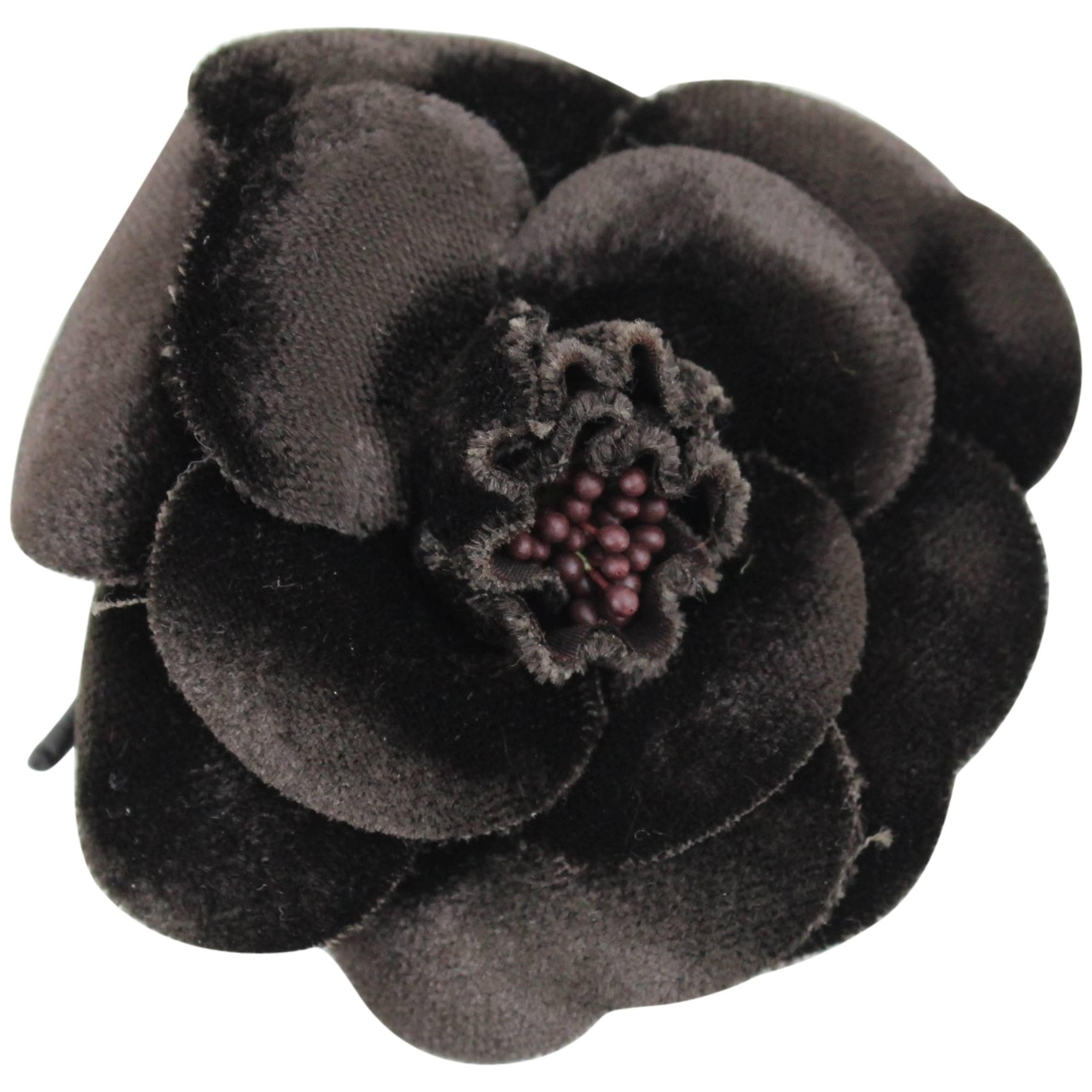 Brown Velvet Vintage Chanel Flower Brooch For Sale